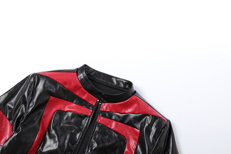MB1150 Women’s Black & Red Color Block Cropped Faux Leather Moto Jacket