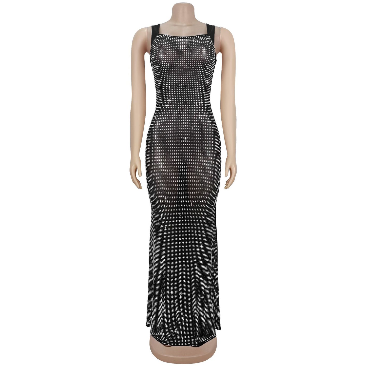 MB1605 Sheer Mesh Rhinestone Bodycon Maxi Dress