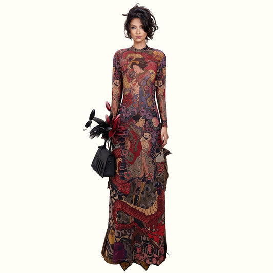 MB1837 Sexy High Neck Long Sleeve Sheer Maxi Dress with Japanese Ukiyo-e Dragon Print