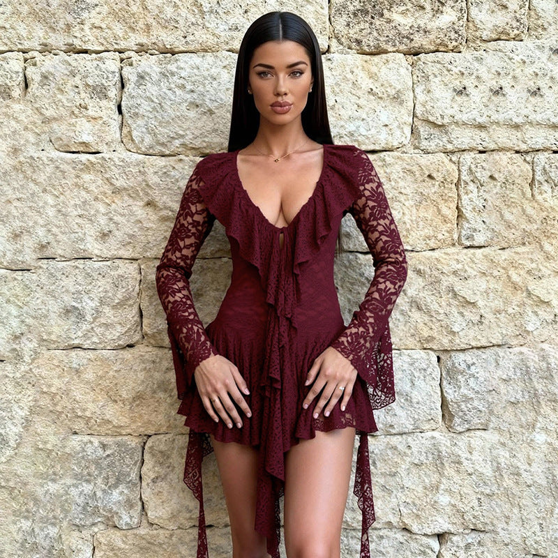 MB10118 Lace Dress with Bell Sleeves - Women's Party Outfit