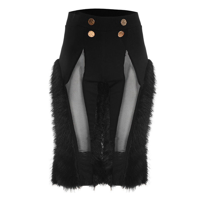 MB10101 High-Waist Sheer Mesh & Faux Fur Trim Pants