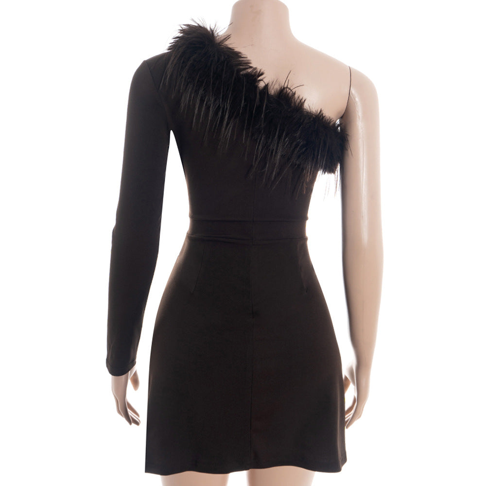 MB1313 Black One-Shoulder Feather Bodycon A-Line Mini Dress