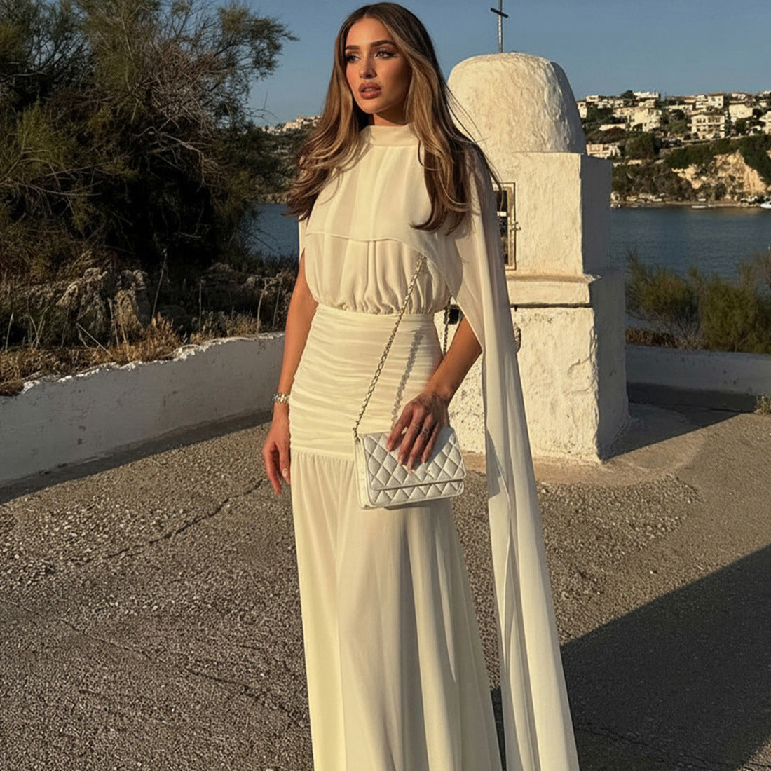 MB1121 Cape Back Ruched Maxi Dress