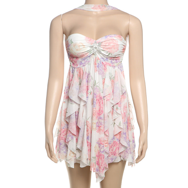 MB1113 Sexy Halter Backless Mini Dress with Ruffled Hem