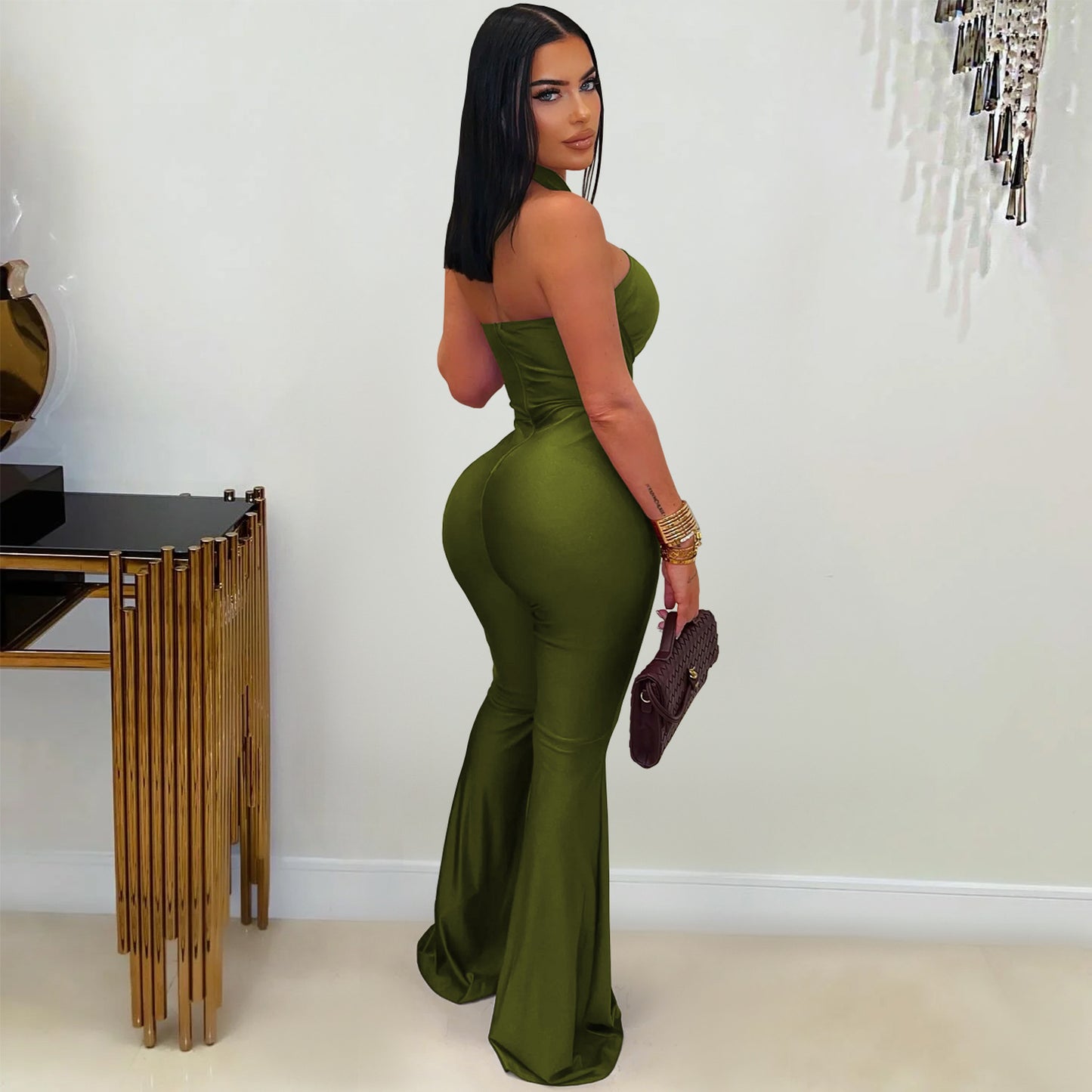 MB1603 Halter Formal Jumpsuit - Cutout Chest Crisscross Ruched Flared Leg