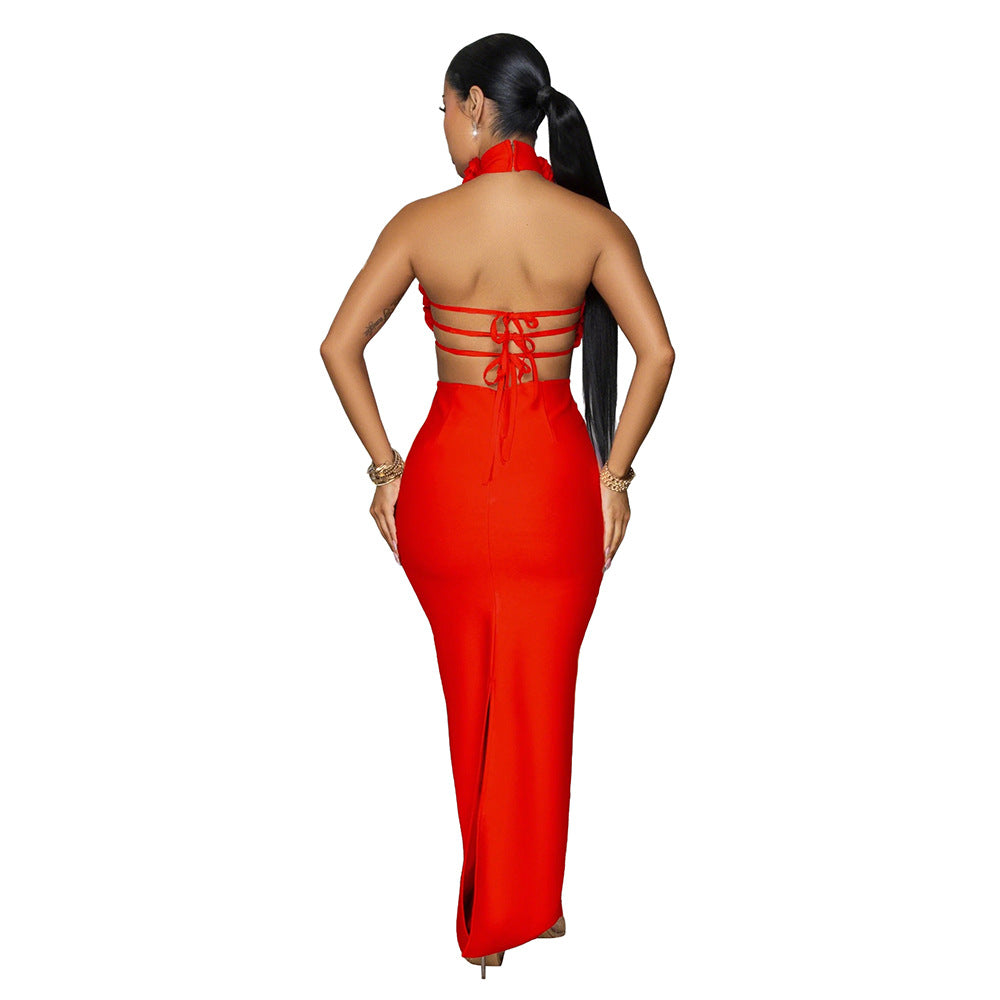 MB1227 Red 3D Floral Applique Halter Maxi Dress | Backless Bodycon Evening Gown
