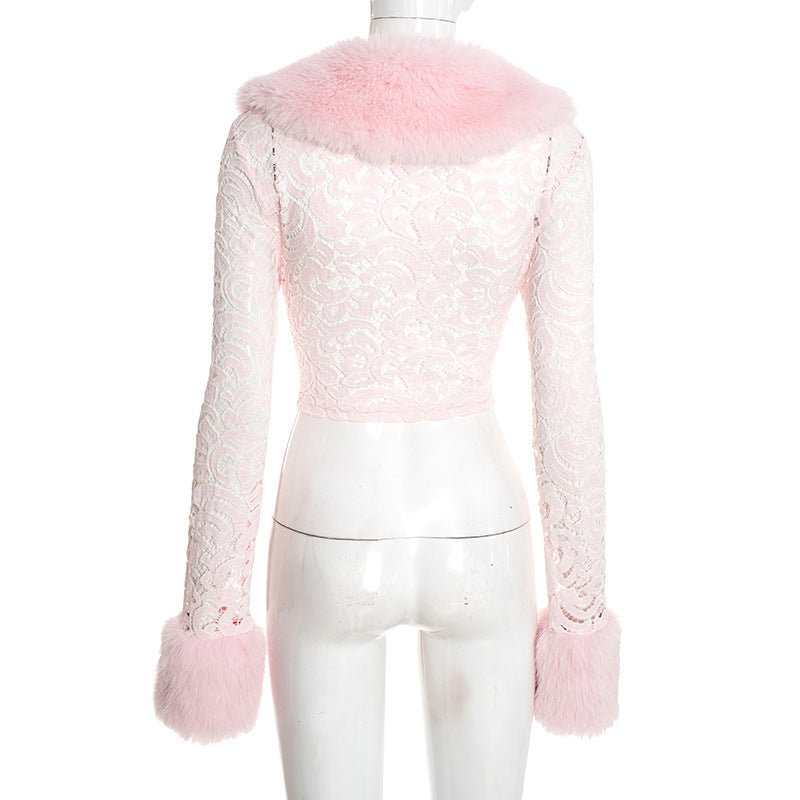 MB10110 Pink Lace Faux Fur Collar Long Sleeve Cropped Top