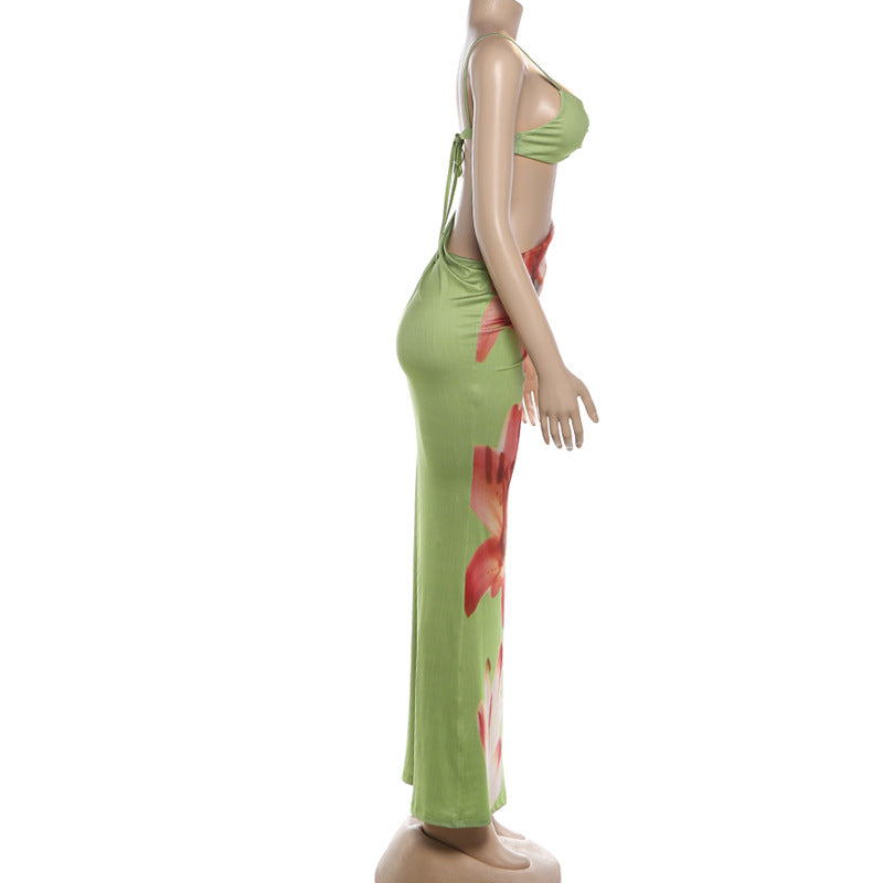 MB1169 Green Lily Print Cut Out Maxi Dress | Spaghetti Strap Backless Bodycon Gown