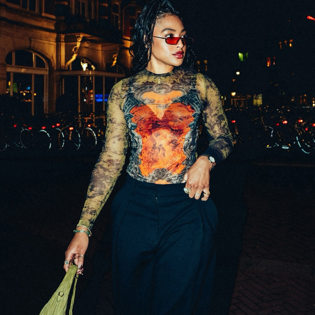 MB1138 Vintage Print Long Sleeve Mesh Top