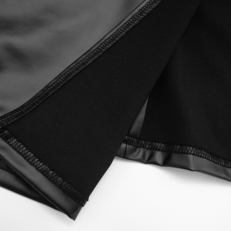 MB10122 Faux Leather Long Sleeve Split Top & High Waist Shorts