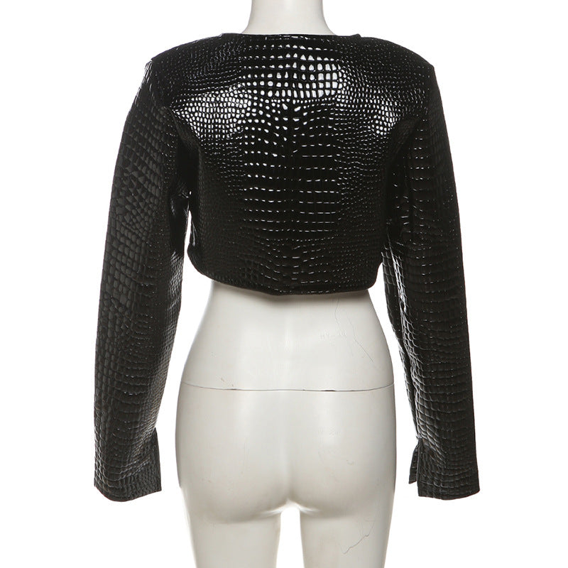 MB1108 Crocodile Print PU Leather Cropped Jacket for Women