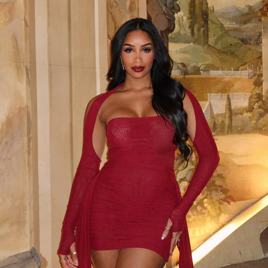 MB1808 Women's Ruched Tulle Sleeve Mini Dress