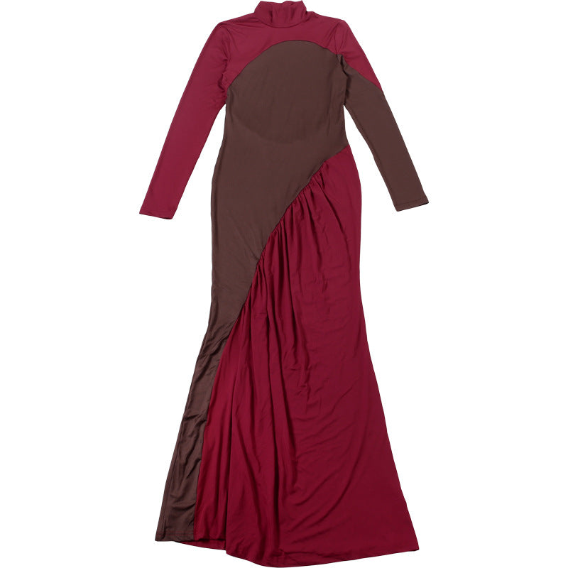 MB1515 Color Block Turtleneck Maxi Dress