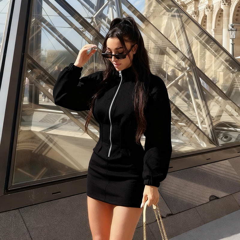 MB10107 Long Sleeve Stand Collar Waist-Cinched Hoodie Dress