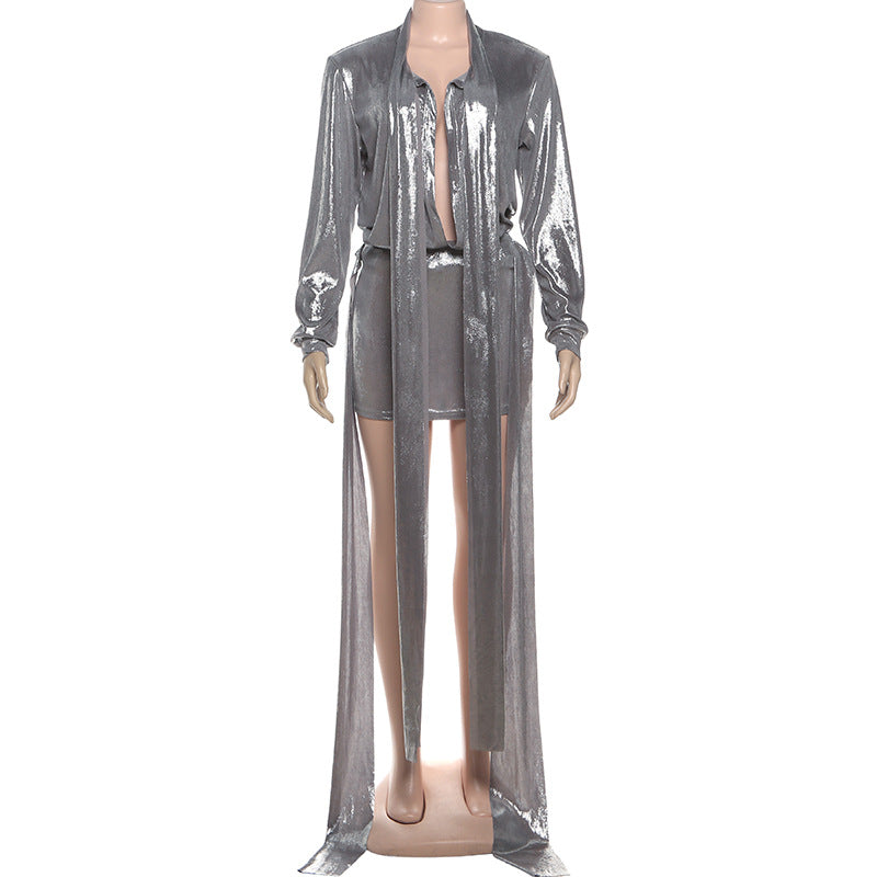 MB1509 Metallic 2-Piece Set: Long Sleeve Wrap Top and Bodycon Mini Skirt
