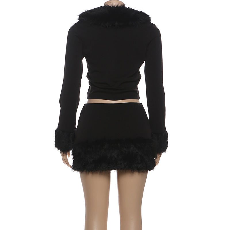MB1153 Black Faux Fur Trim 2-Piece Set: Crop Top & Mini Skirt