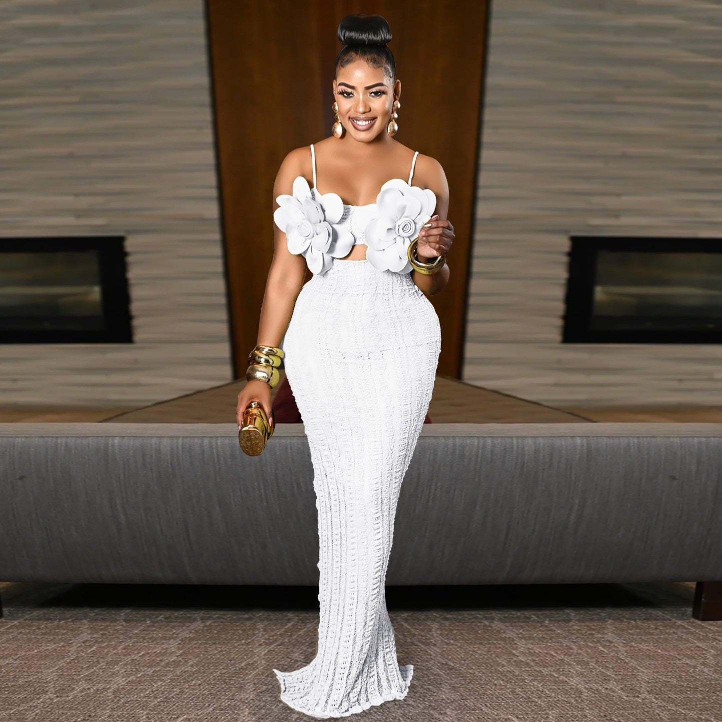 MB1627 Women's Spaghetti Strap Maxi Dress with 3D Floral