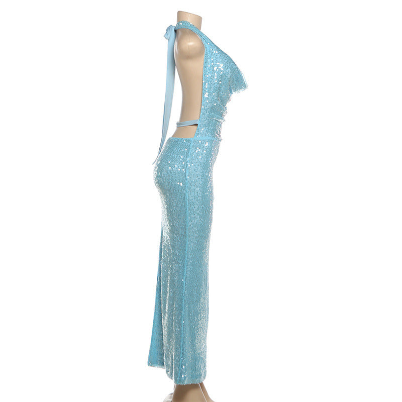 MB1149 Women’s Light Blue Halter Neck Sequin Maxi Dress