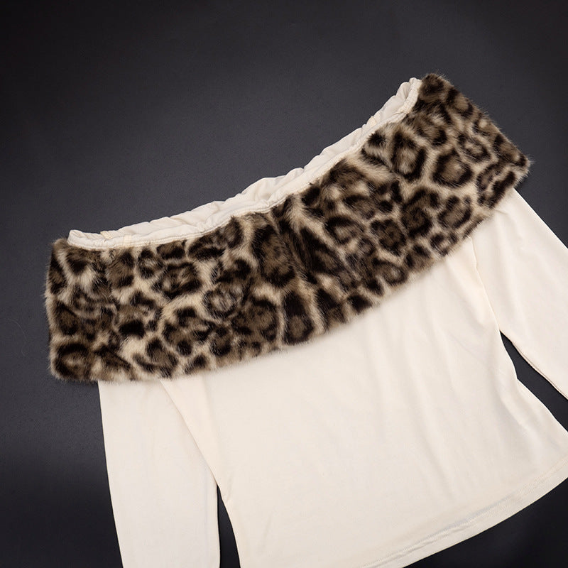 MB1087 Women's Off Shoulder Leopard Long Sleeve Top