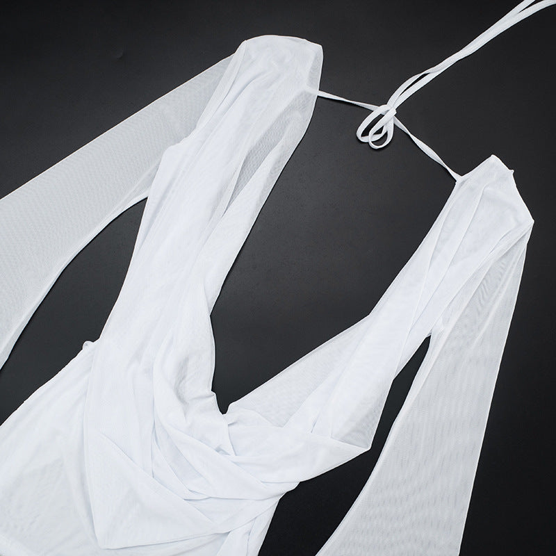 MB1031 Women's Mesh Backless Dress with Draped Neckline