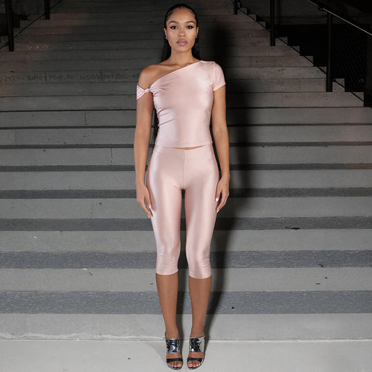 MB10155 Women's One Shoulder Crop Top with Capri Pants 2 Piece Set