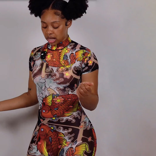 MB1112 Graphic Print Sheer Tight Backless Romper