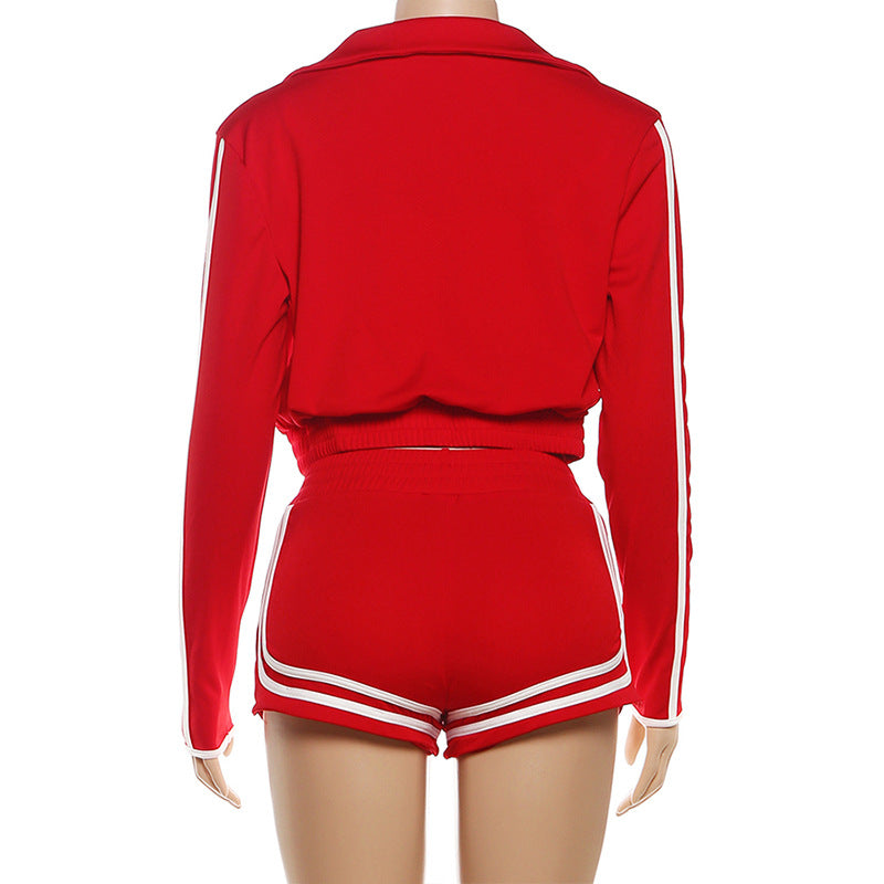 MB1803 Women's Cropped Jacket + Strappy Crop Top + High-Waisted Shorts Three-Piece Outfit