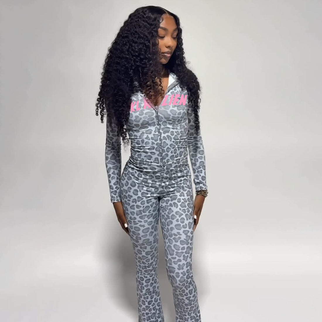 MB1830 Women's Leopard Print Zip Up Hoodie & Flared Pants 2 Piece Set