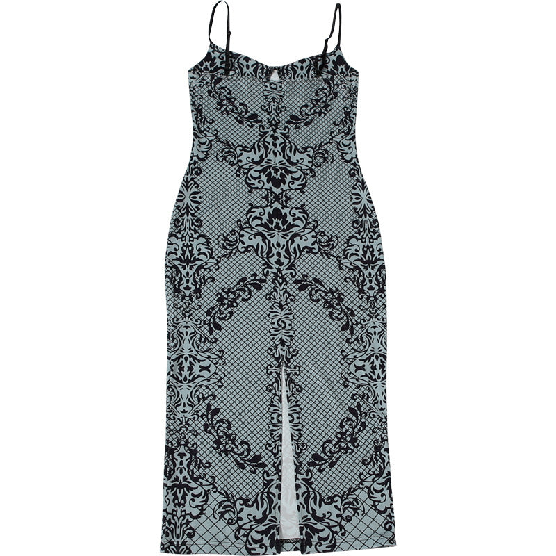 MB1836 Sexy Spaghetti Strap Backless Midi Dress | Vintage Damask Print Bodycon Dress