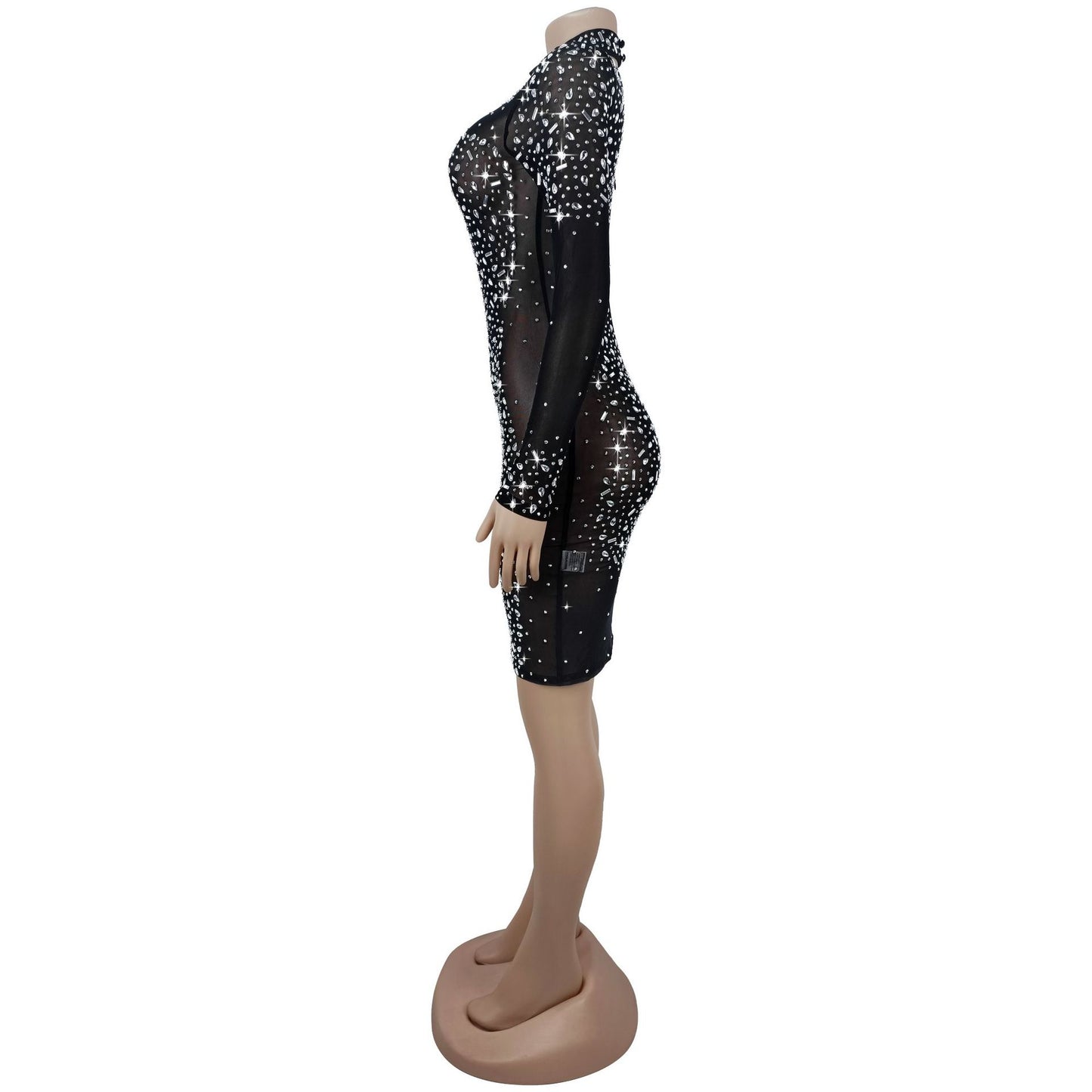 MB1622 Women's Sheer Mesh Rhinestone Bodycon Dress