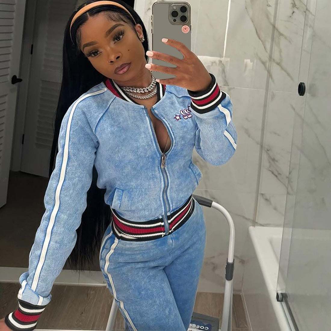 MB1526 Women's Sky Blue Acid Wash Velour 2 Piece Tracksuit