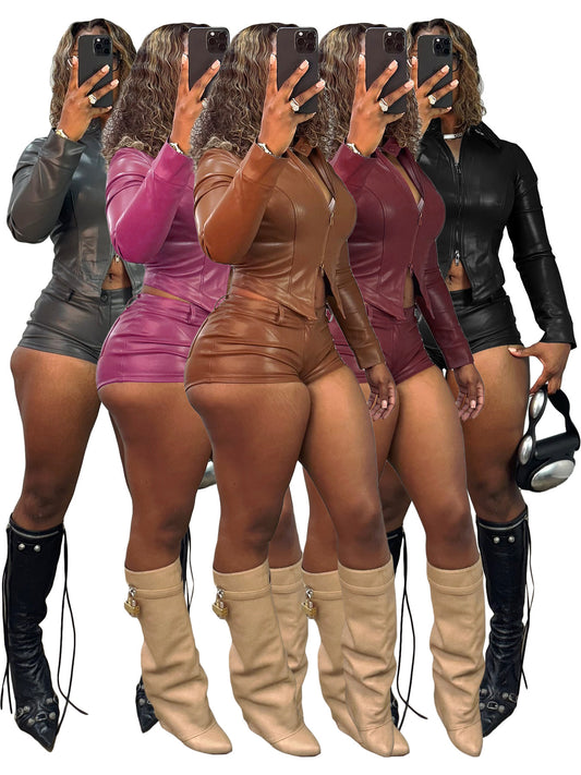 MB1702 Leather Stand Collar Biker Two-Piece Set