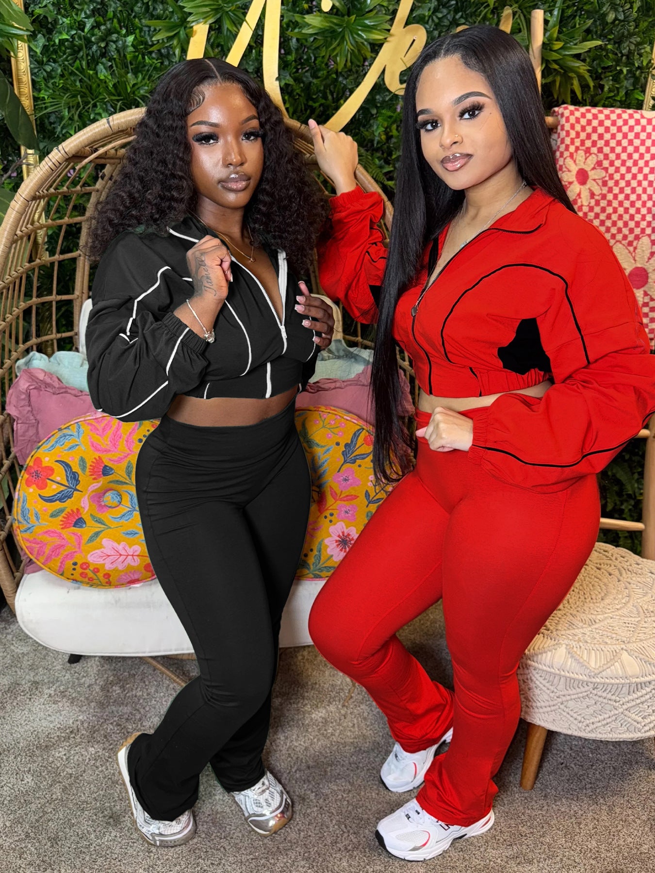 MB1715 Women's Cropped Track Jacket & High-Waisted Pants Two-Piece Set