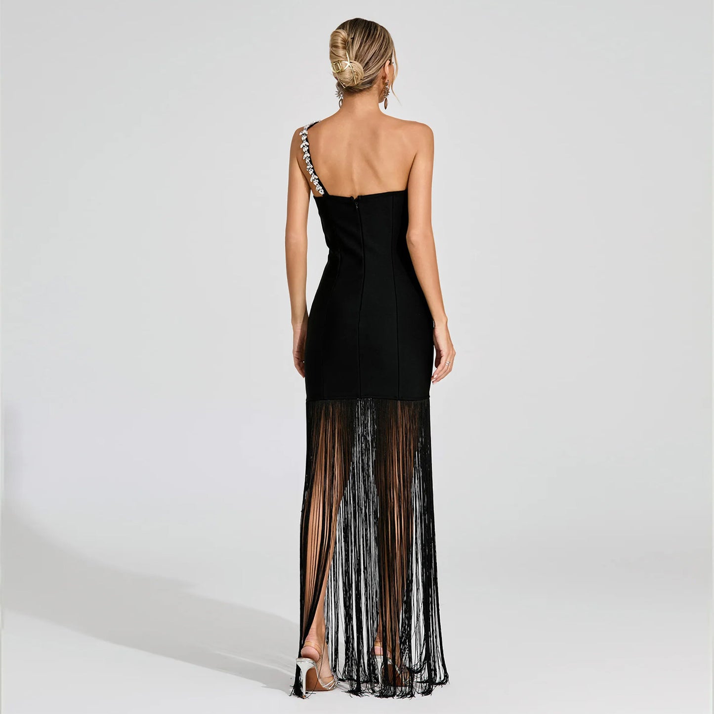 MB1611 Black One-Shoulder Rhinestone Bodycon Dress