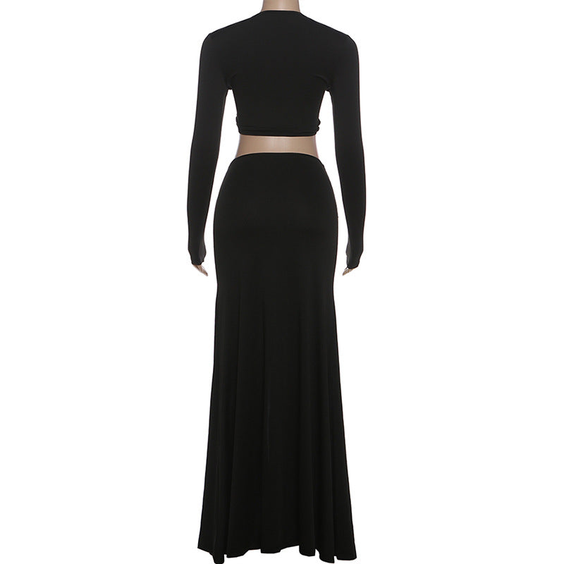 MB1829 Women's Cut Out Long Sleeve 2 Piece Set - Crop Top & Maxi Skirt