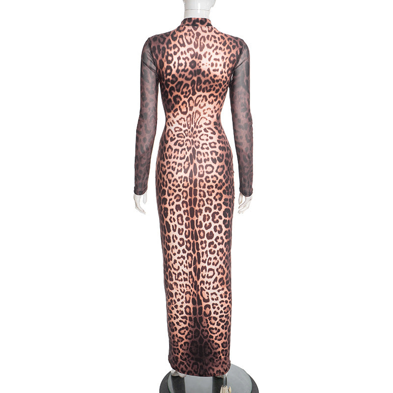 MB1436 Leopard Print Sheer Turtleneck Maxi Dress