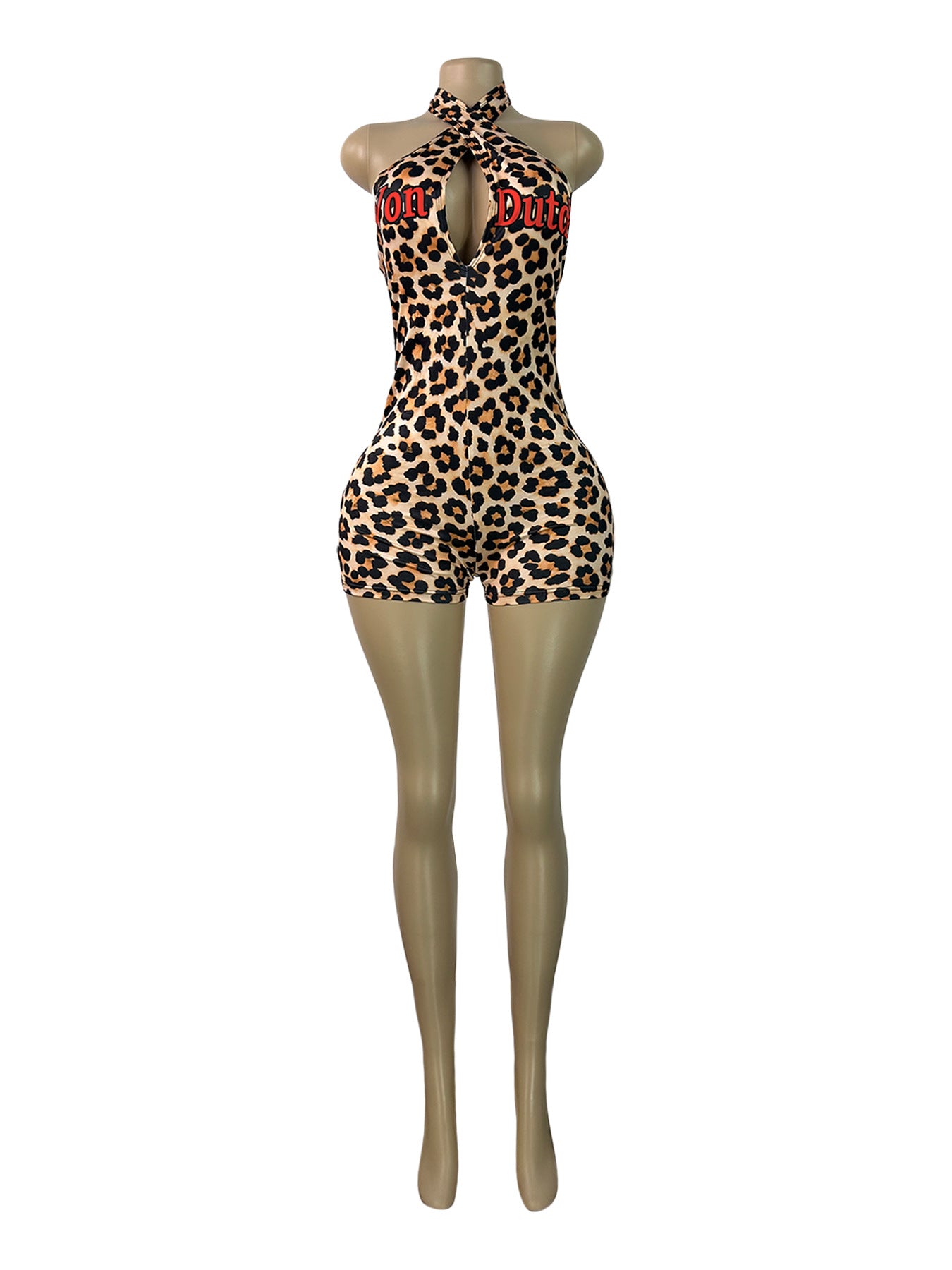 MB1729 Leopard Print Halter Neck Romper – Sexy Cutout Backless Bodycon Short Jumpsuit