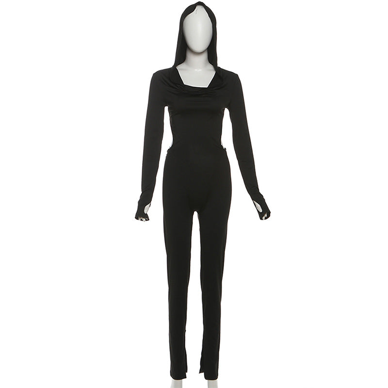 MB1125 Black Skinny Hooded Long Sleeve Jumpsuit