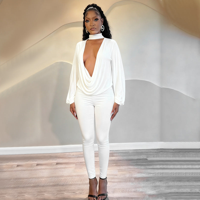 MB10137 Women’s Deep V Long Sleeve Top & Skinny Pants 2-Piece Set