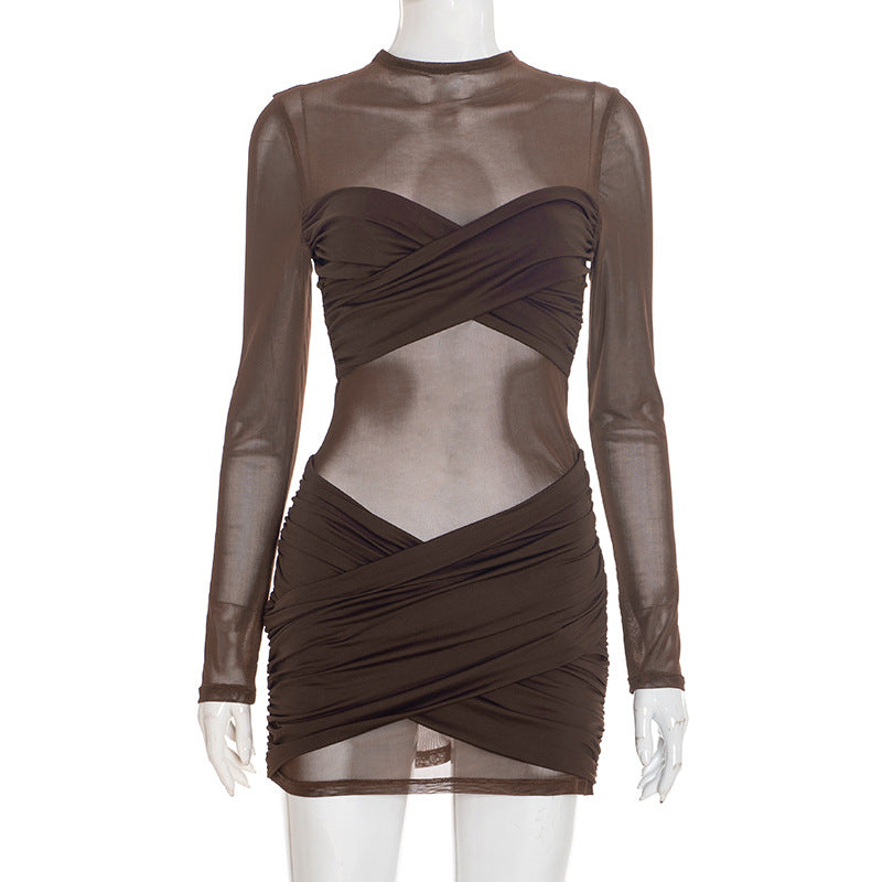 MB1409 Mock Neck Sheer Mesh Ruched Mini Dress for Women