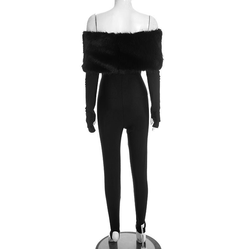 MB10140 Women’s Off-Shoulder Faux Fur Trim Cutout Jumpsuit