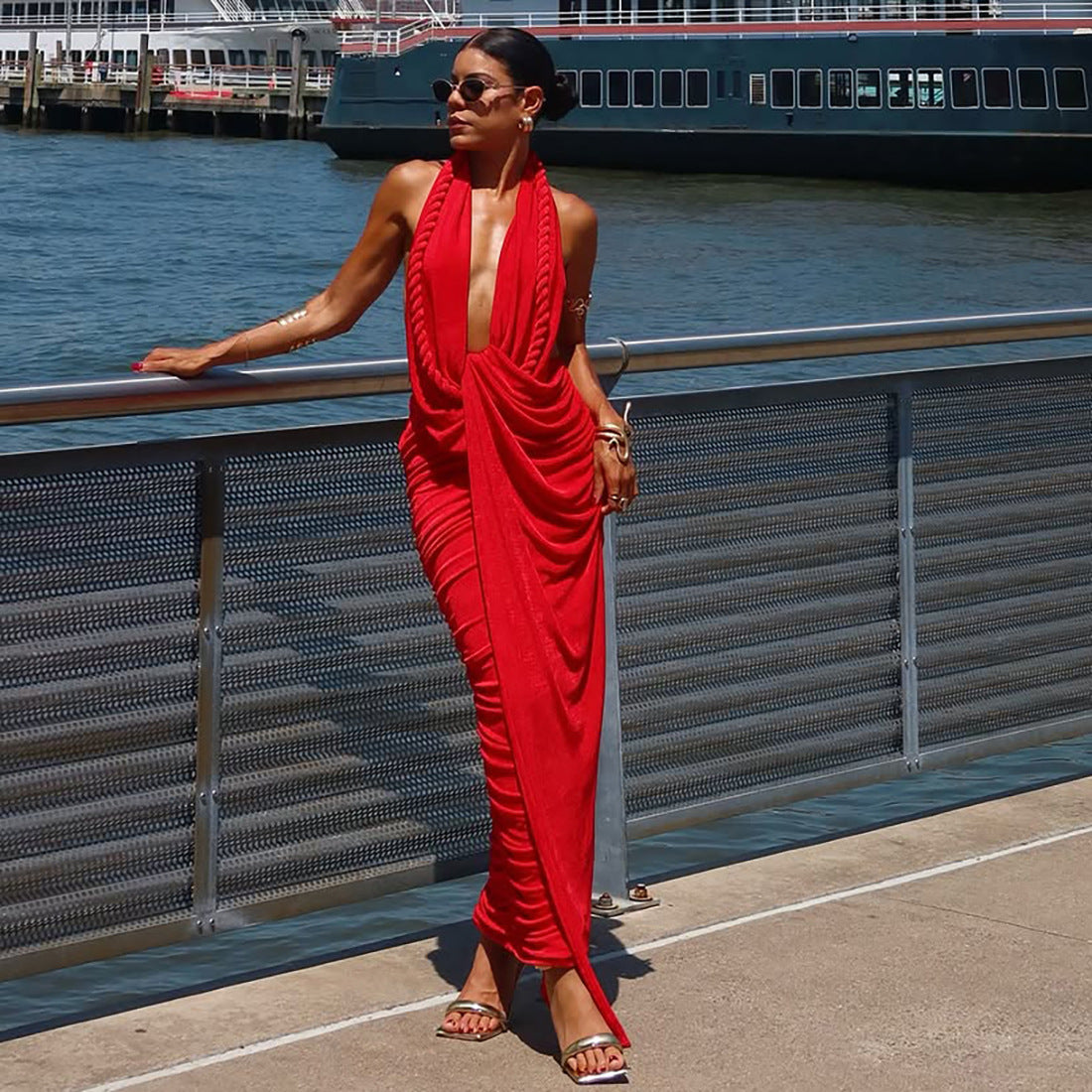 MB1533 Women's Halter Neck Ruched Maxi Dress