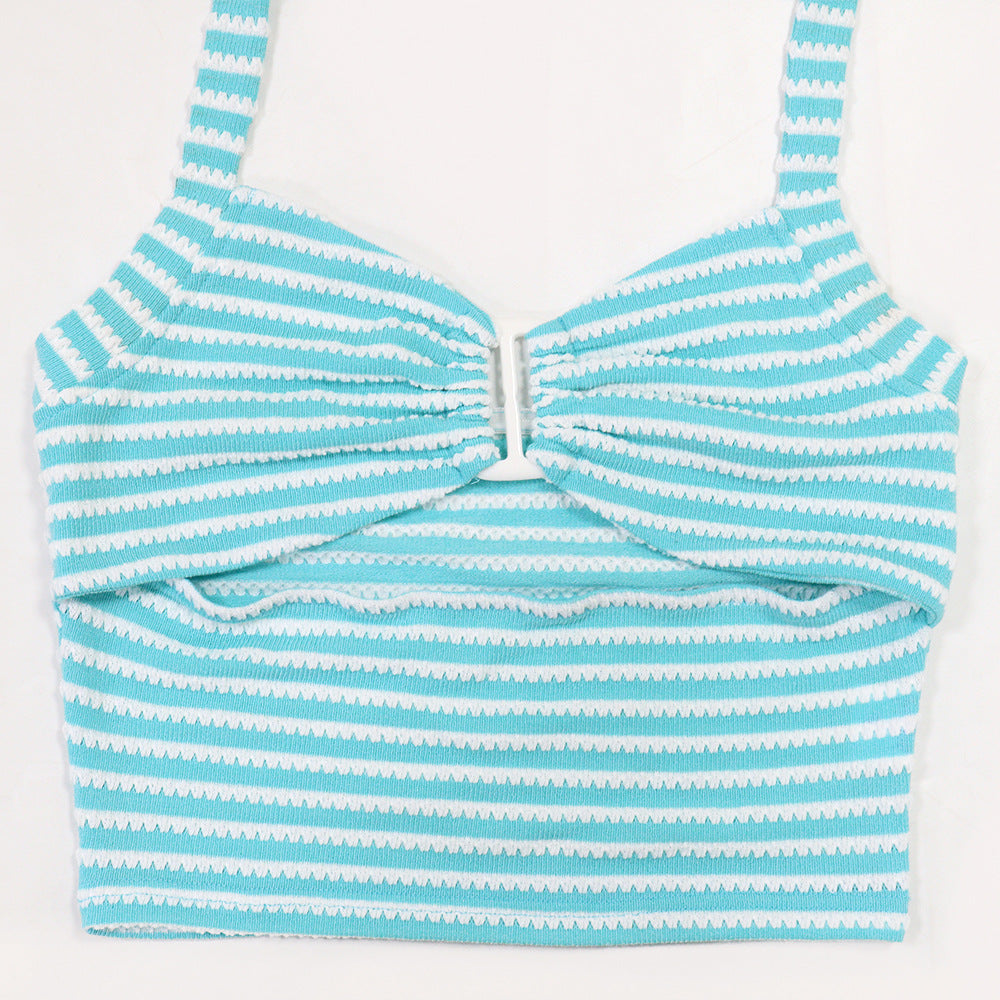 MB1220 Jacquard Stripe Crop Top & Wide Leg Pants Two Piece Set