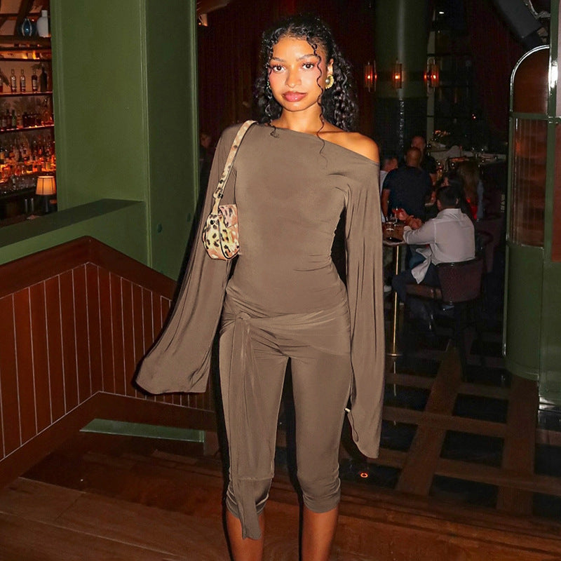 MB1404 Solid Color Top & Tie-Front Capri Pants 2-Piece Set for Women