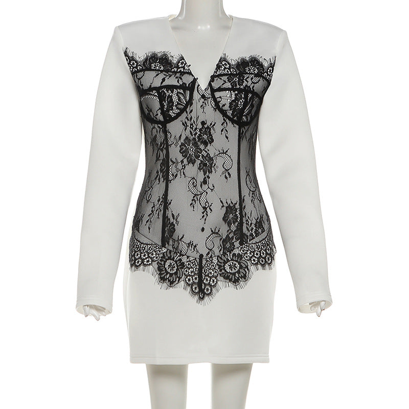 MB1130 White & Black Contrast Lace Mini Dress