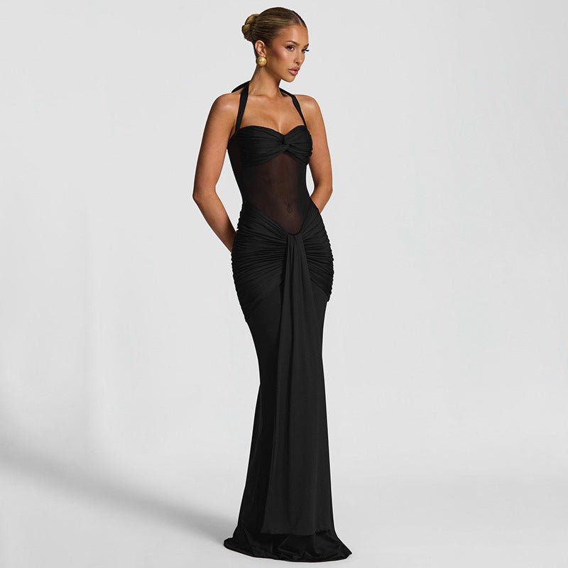 MB1816 Women's Sheer Mesh Halter Ruched Mermaid Maxi Dress