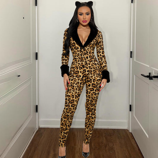 MB1512 Leopard Print Bodycon Jumpsuit - Black Faux Fur Collar & Cuff Trim