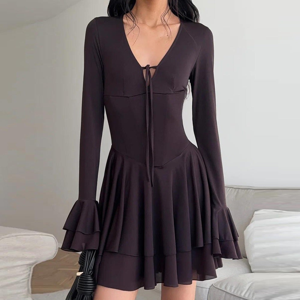 MB1321 Long Sleeve Tie-Front Mini Dress with Bell Cuffs