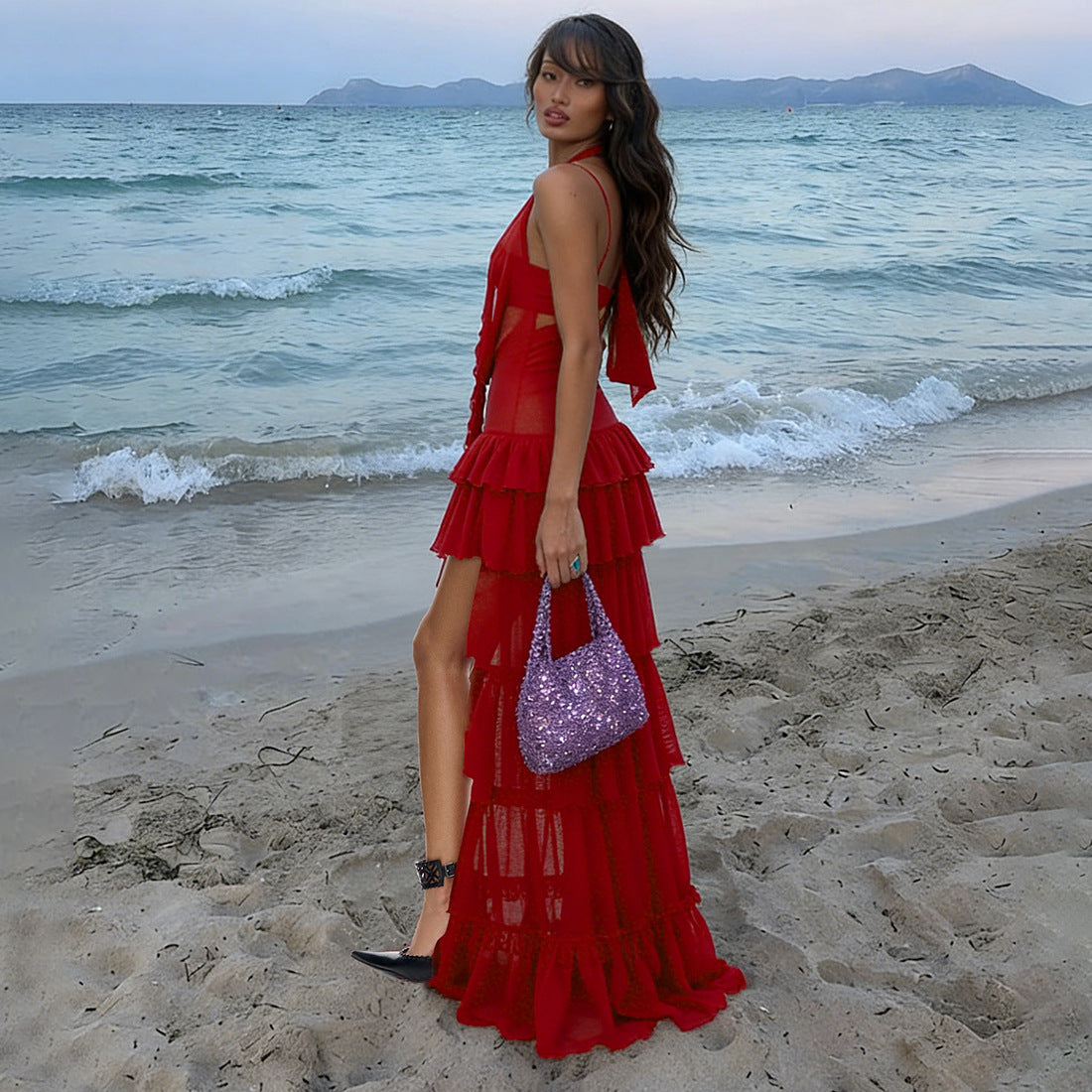 MB1531 Women's Cut Out Maxi Dress with Sheer Mesh Panels