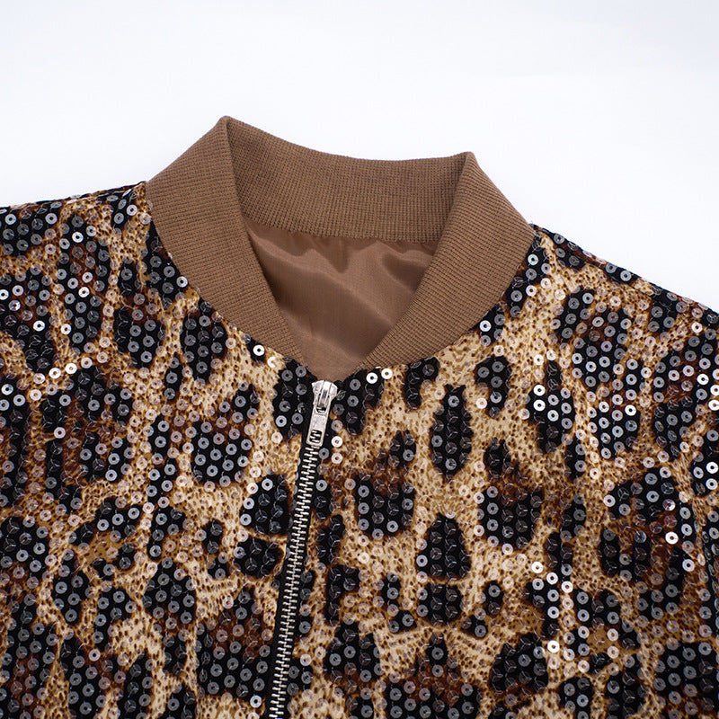 MB10142 Women’s Leopard Print Sequin Bomber Jacket
